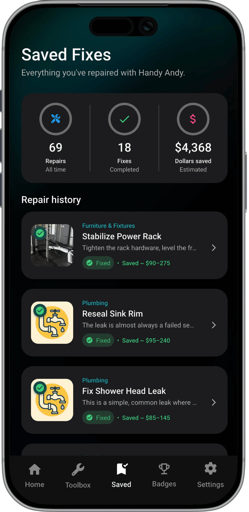 Saved fixes screen